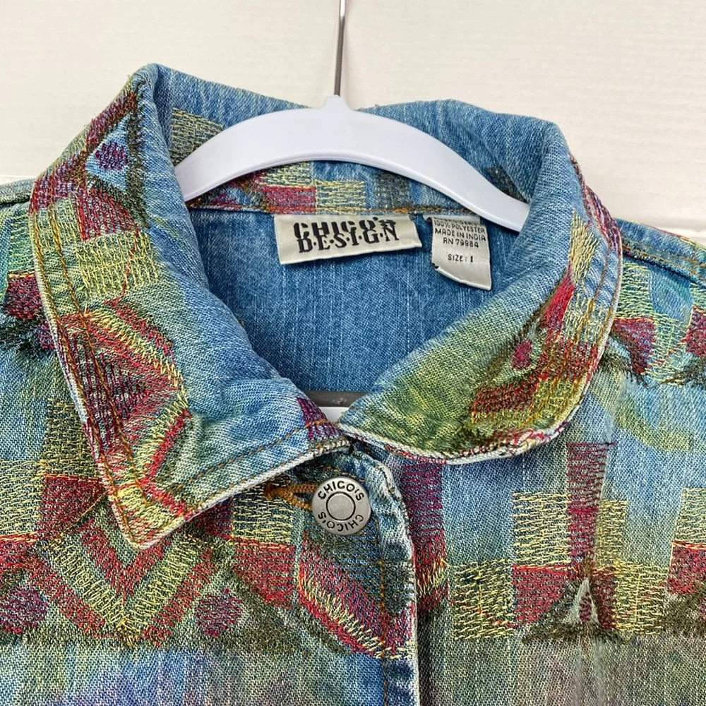 •Chico’s Design Embroidery Denim Rainbow Jacket Vintage - Picture 7 of 9